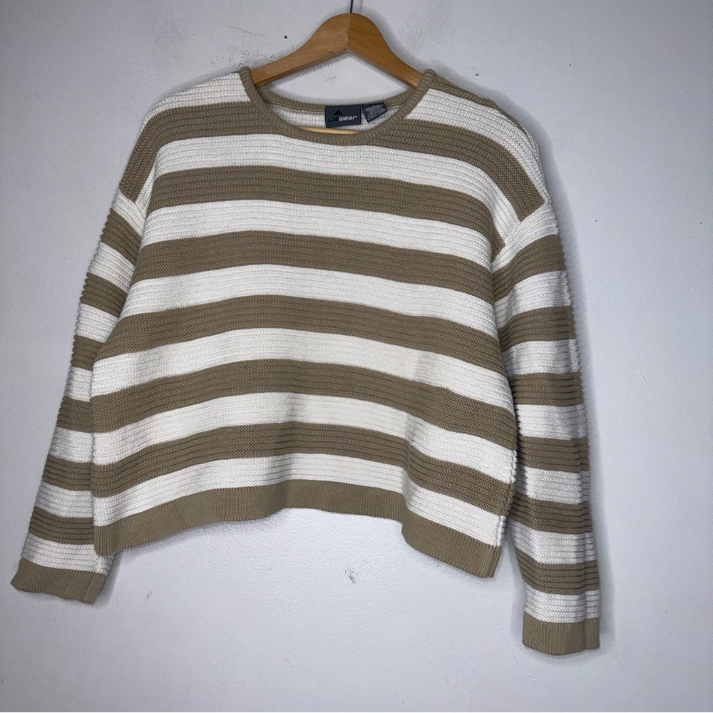 Vintage Liz Wear Striped Crop Cotton Sweater Tan White‎ Large